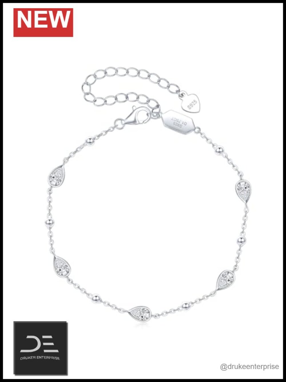 5-Stone Pear Moissanite Sterling Silver Link Bracelet